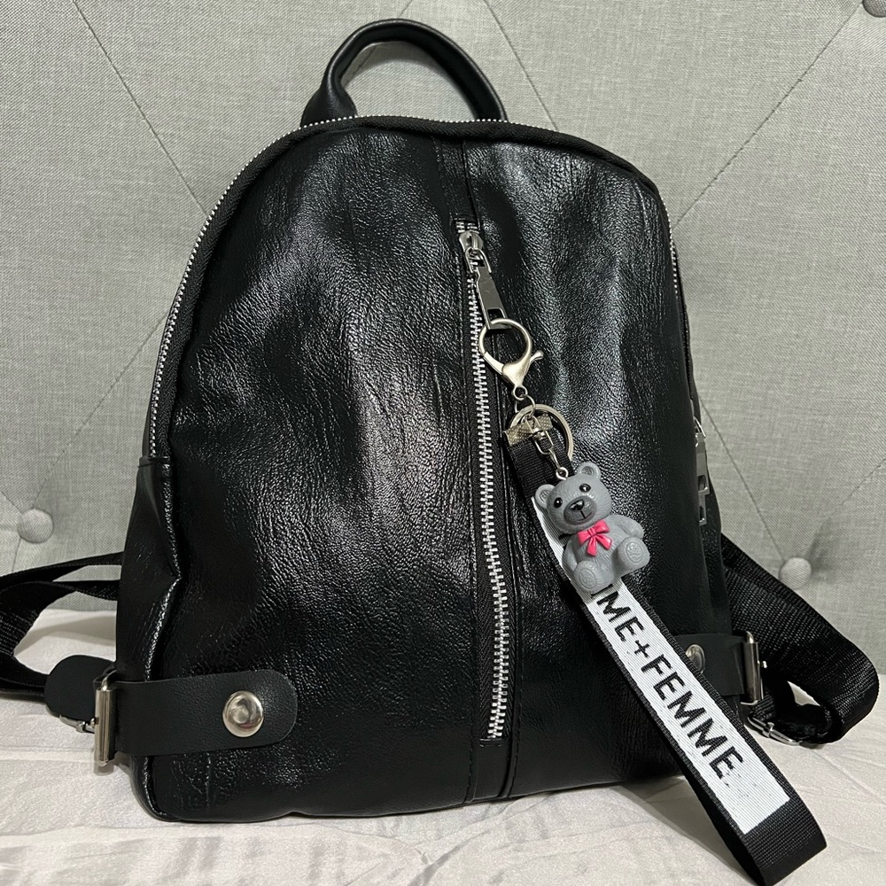Small black backpack with cute bear key chain